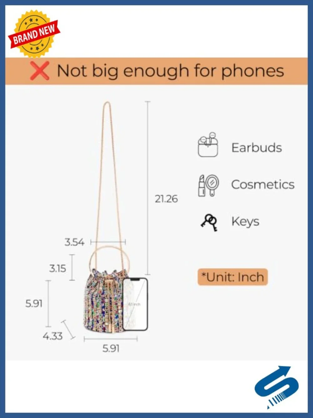 Crystal Rhinestone Embellished Bucket Bag with Ring Handle, Gold Chain Strap,